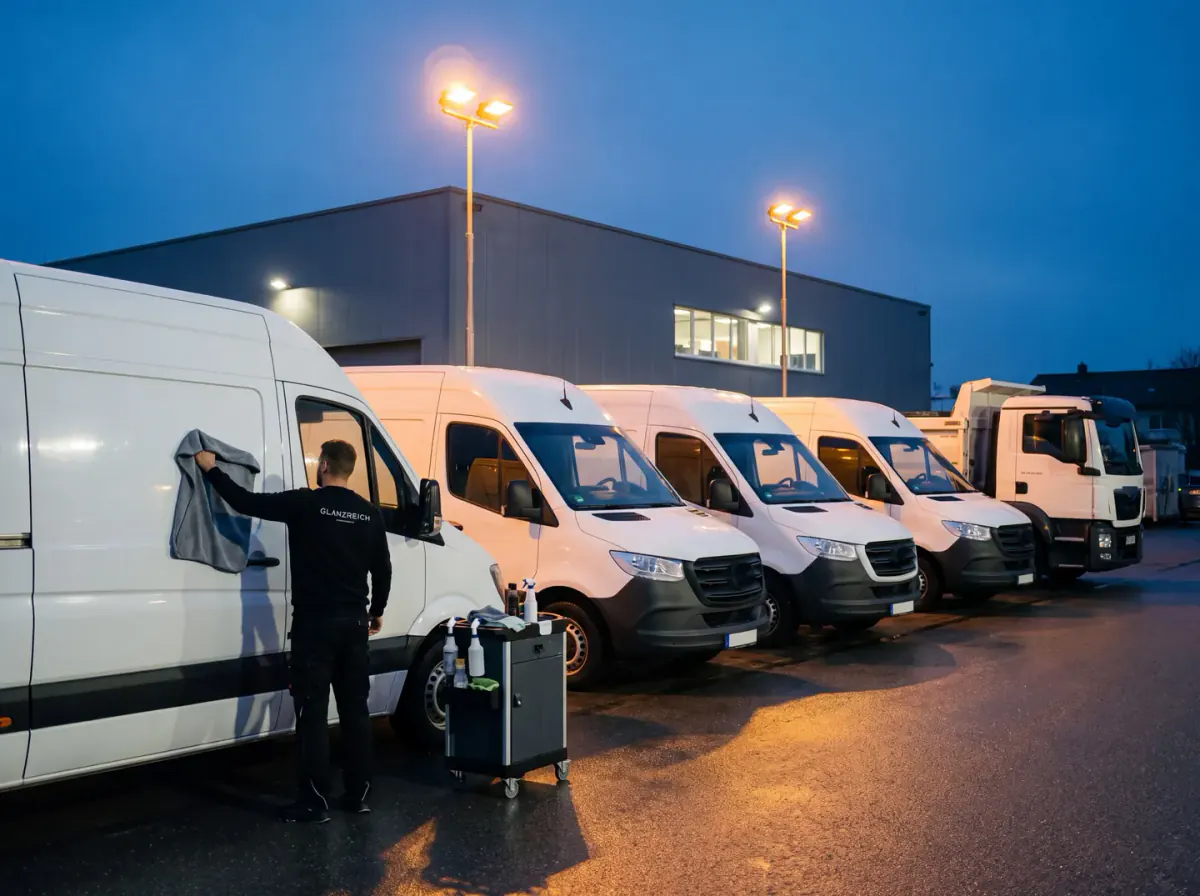 Abends auf dem Betriebshof: frisch aufbereitete Transporter in einer Reihe (KI-generierte Darstellung)
